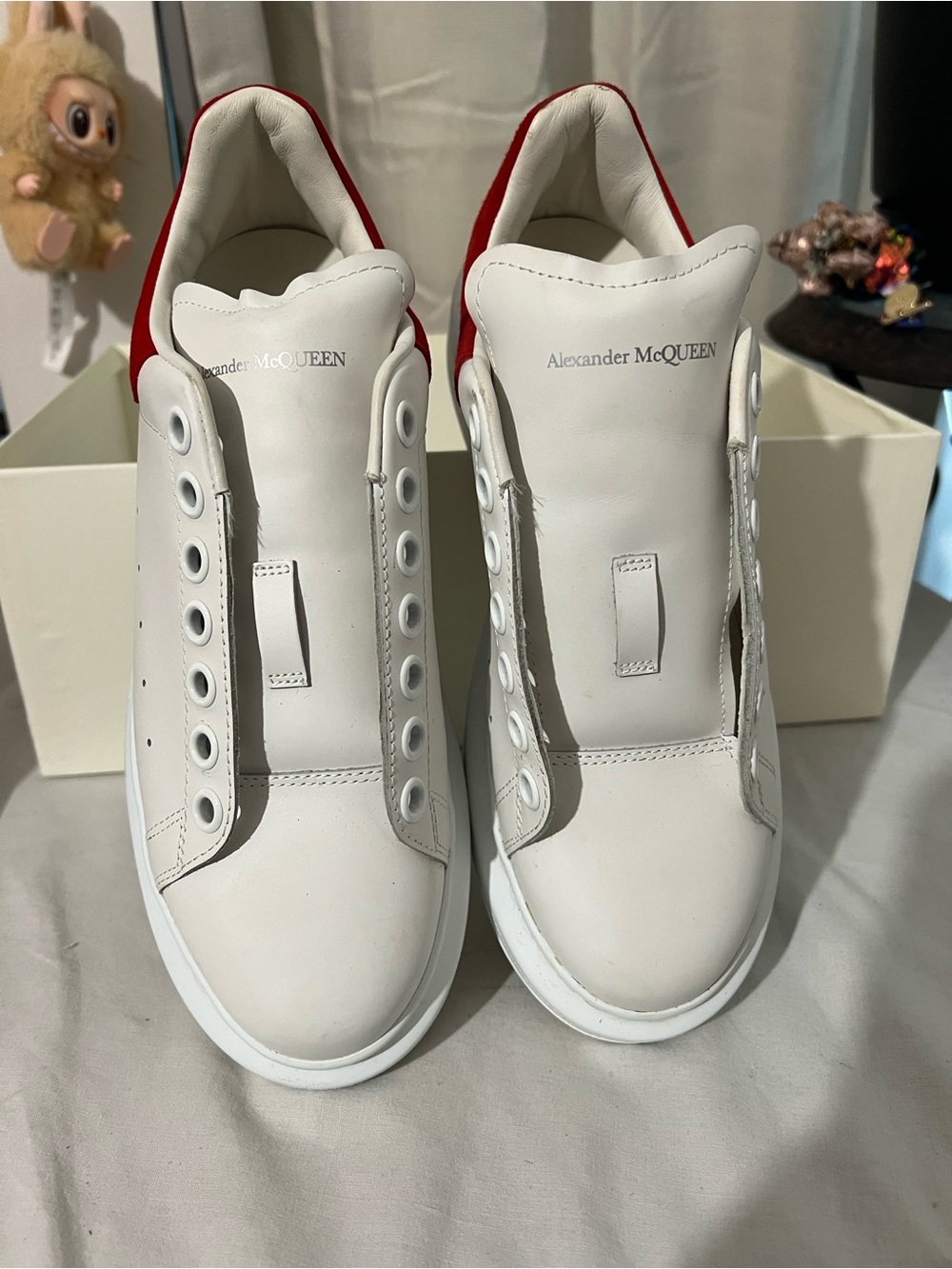 Alexander McQueen White Leather Sneakers with Red Heel Tab